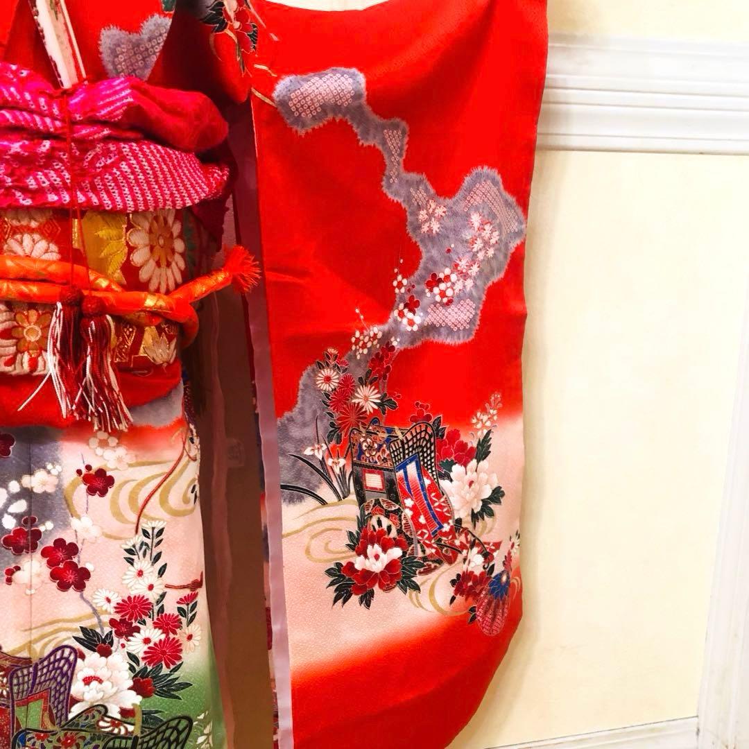 正絹️‼️七五三 七歳‼人気 赤地 御所車に手毬 金糸刺繍‼️金彩箔 豪華安心セット‼️