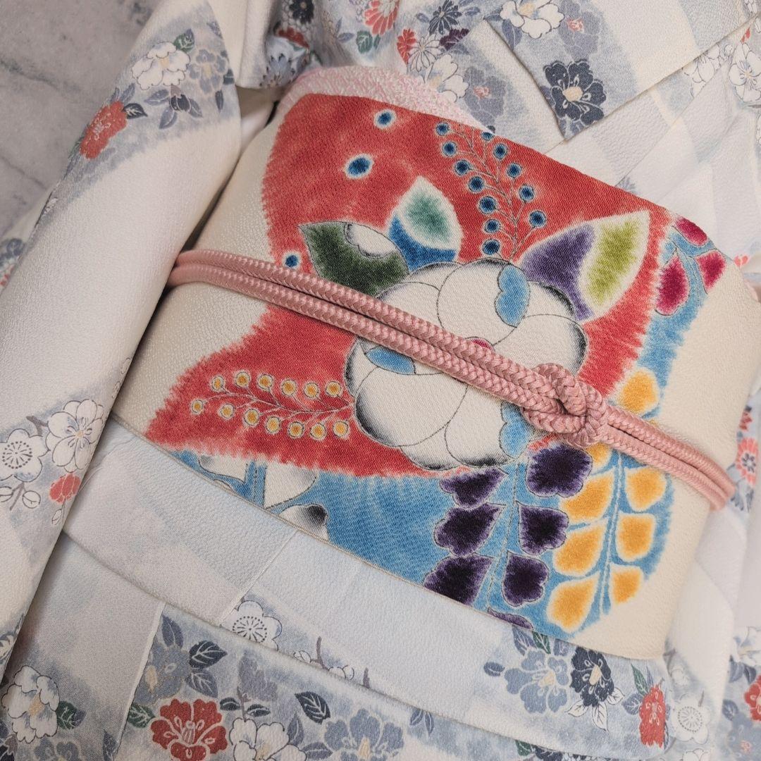 小紋　フルセット　着物　正絹　花　白地　可愛い　帯辻ヶ花　E2