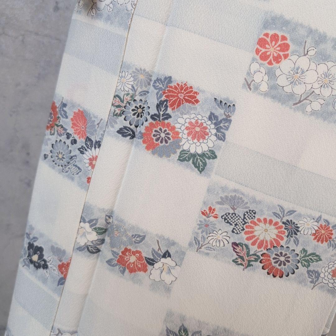 小紋　フルセット　着物　正絹　花　白地　可愛い　帯辻ヶ花　E2