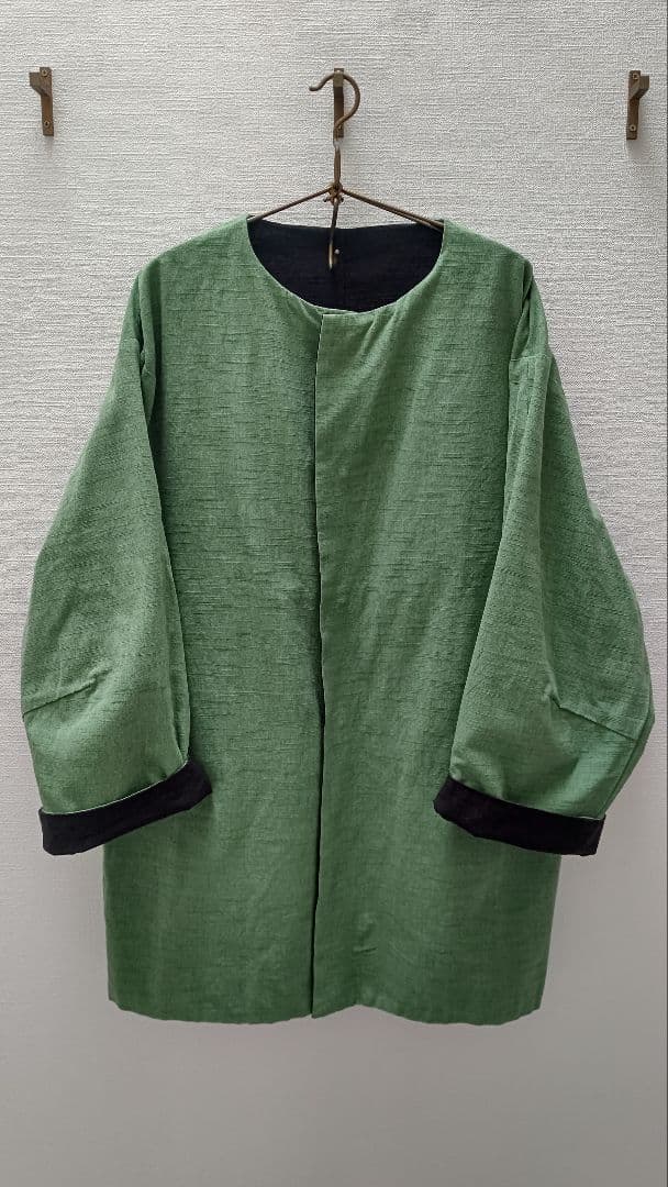 【美品】ヤンマ産業　会津木綿リバーシブルコート ロング丈《スミクロ×よもぎ》