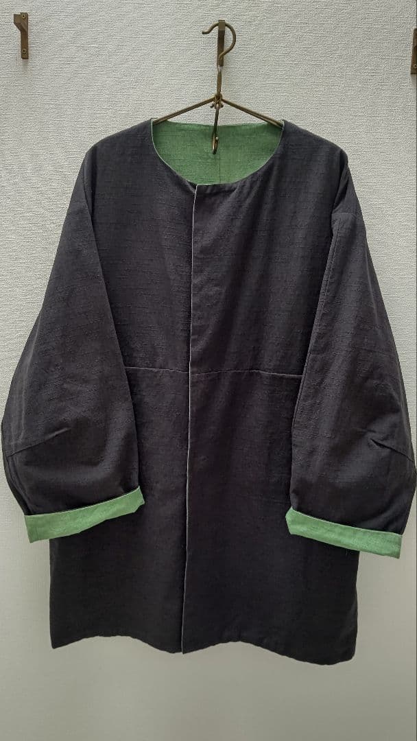 【美品】ヤンマ産業　会津木綿リバーシブルコート ロング丈《スミクロ×よもぎ》