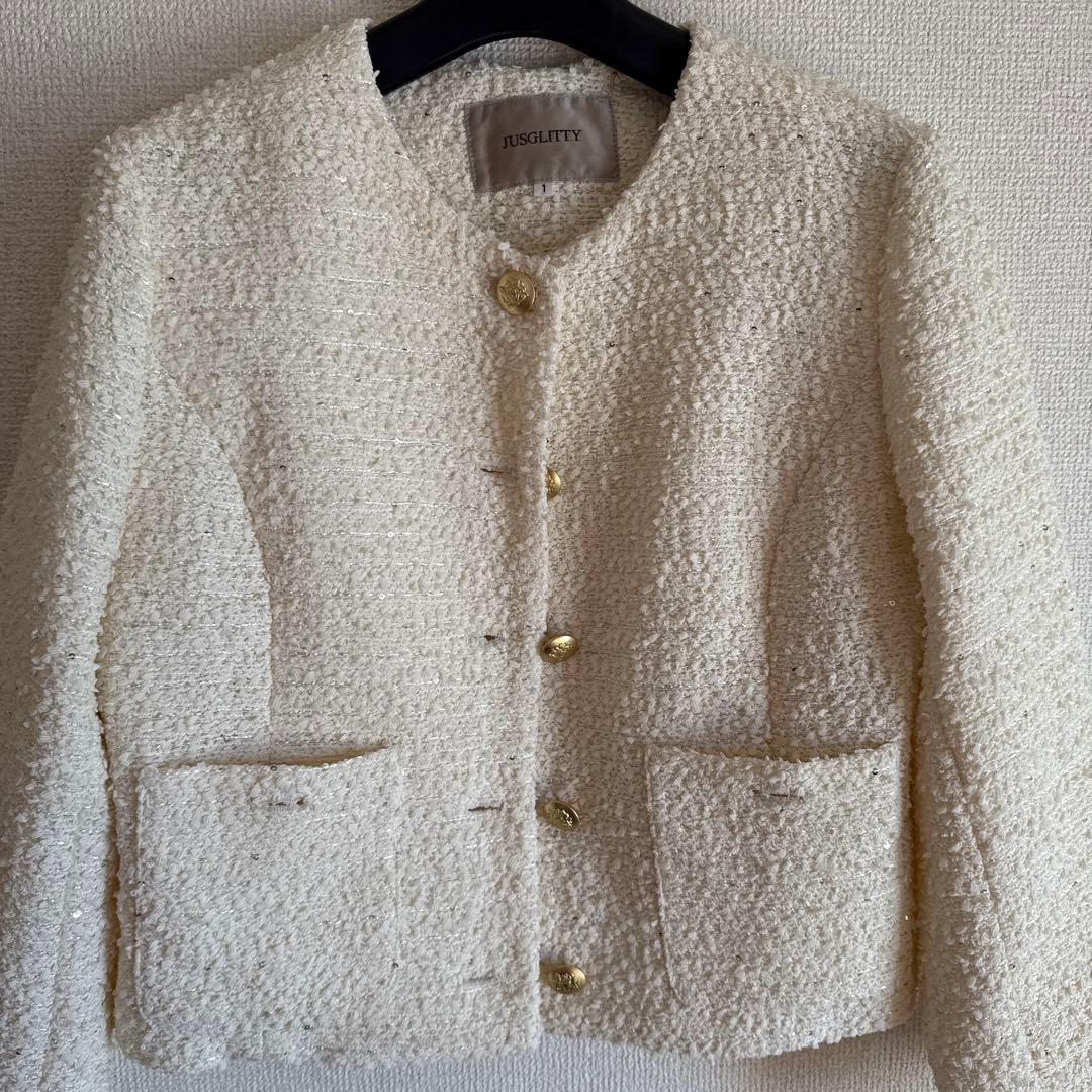 【新品】　ジャスグリッティー　キラキラツイードジャケット　オフ白