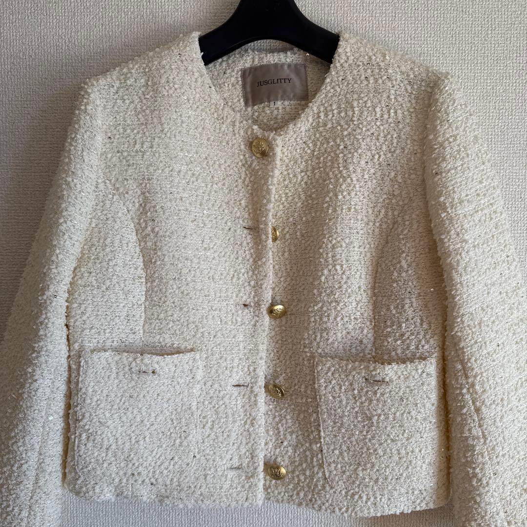 【新品】　ジャスグリッティー　キラキラツイードジャケット　オフ白