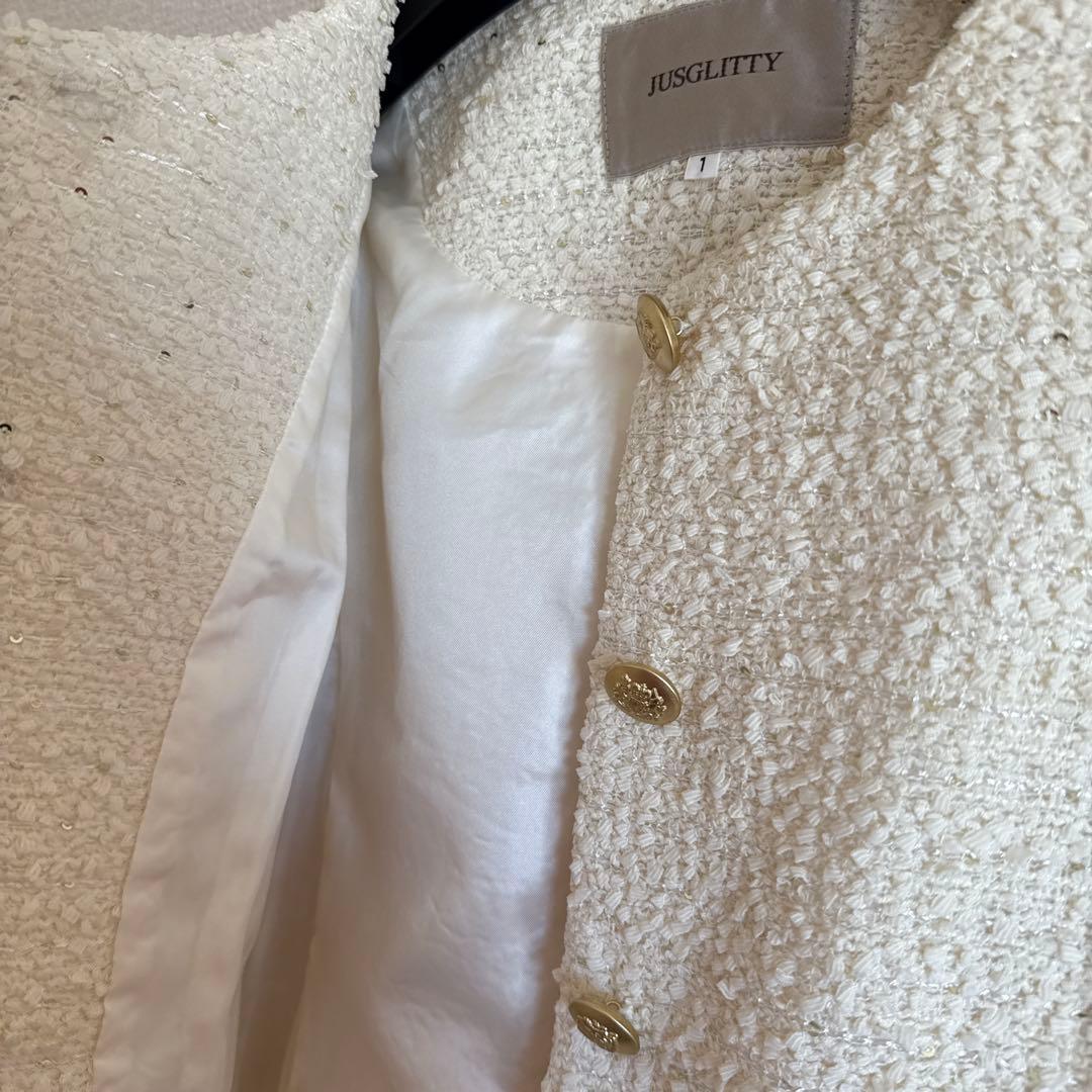 【新品】　ジャスグリッティー　キラキラツイードジャケット　オフ白