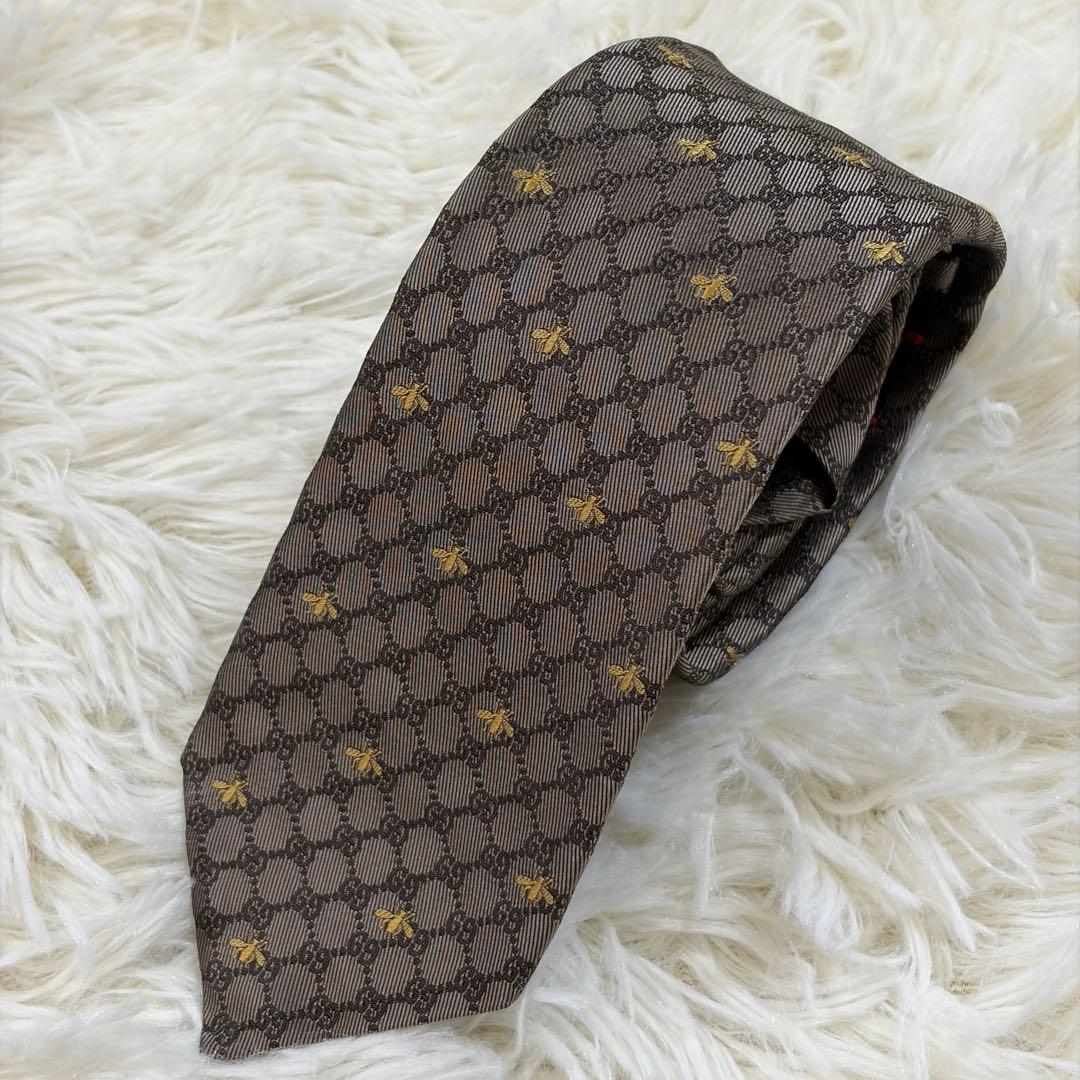 【新品同様】グッチ 現行タグ GG×ビー ジャガード ネクタイ シルクイタリア製