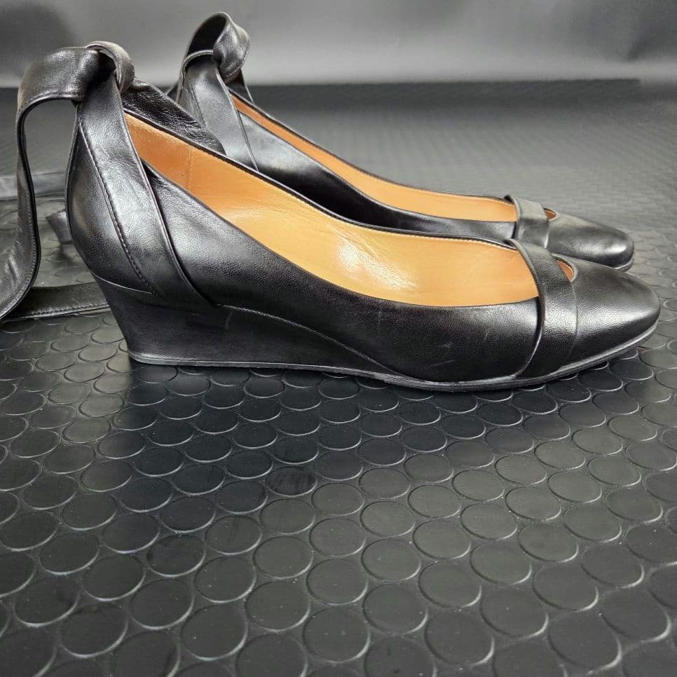 HERMES　レザーパンプス　リボン アンクルストラップ　ウエッジソール　23㎝