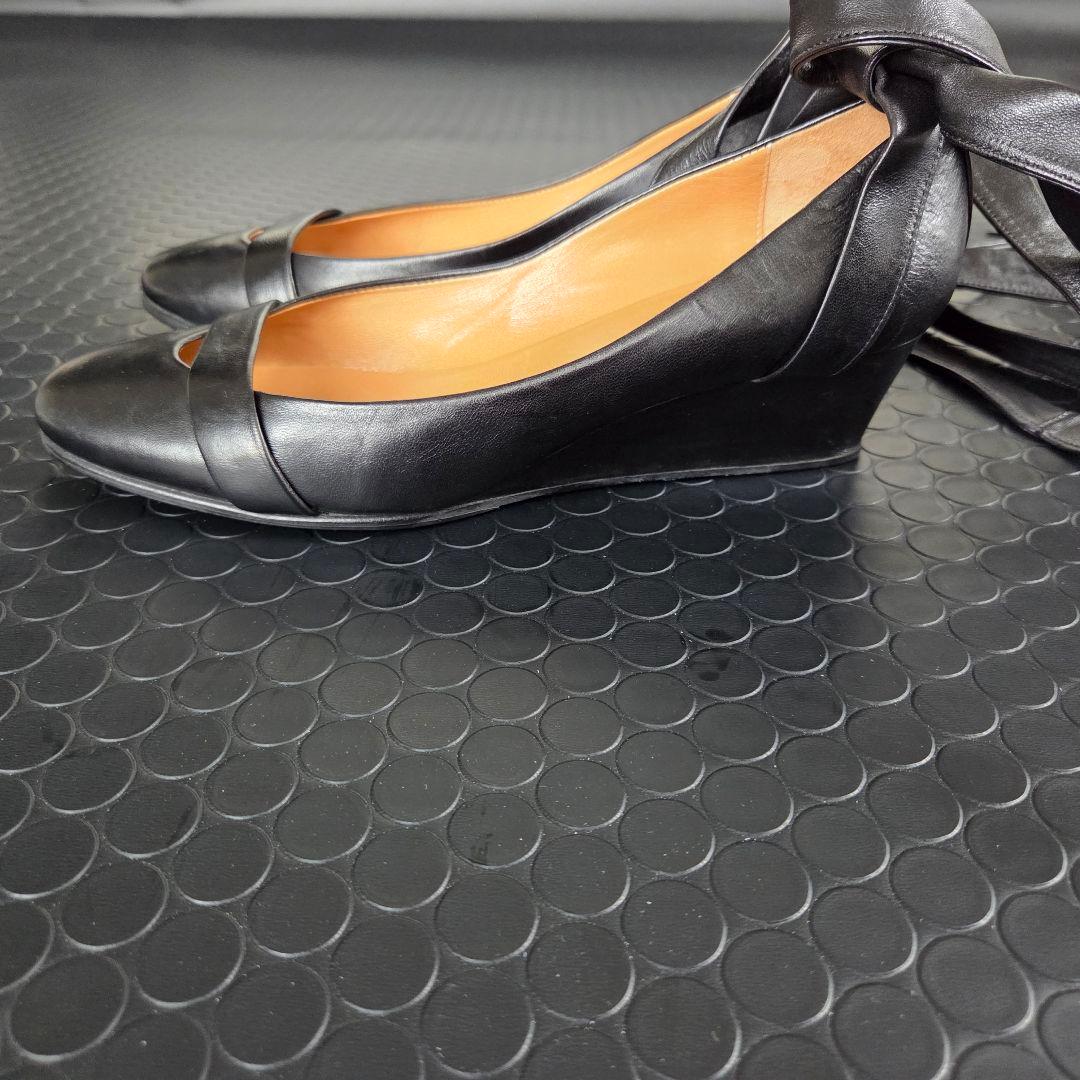 HERMES　レザーパンプス　リボン アンクルストラップ　ウエッジソール　23㎝