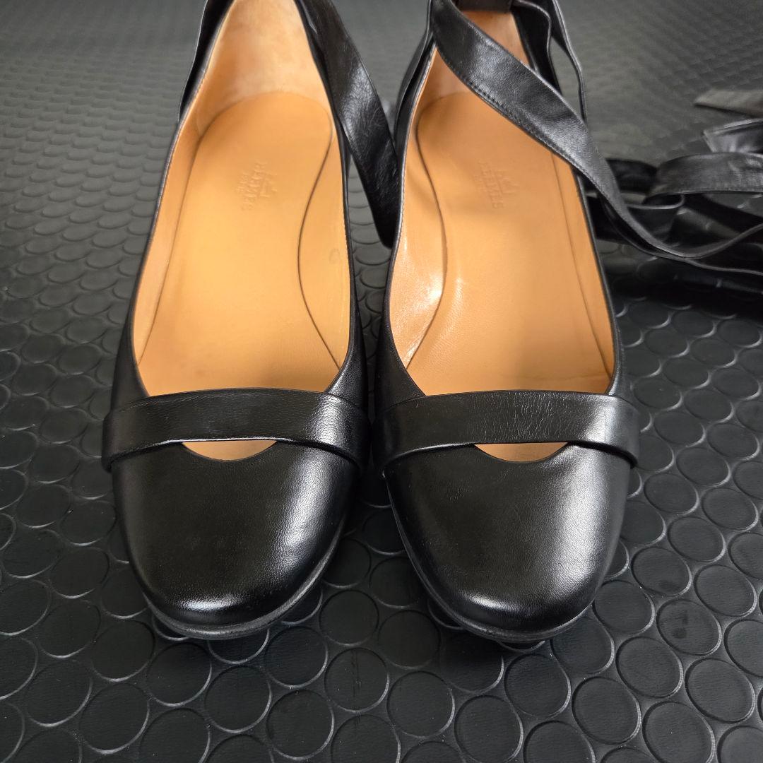 HERMES　レザーパンプス　リボン アンクルストラップ　ウエッジソール　23㎝