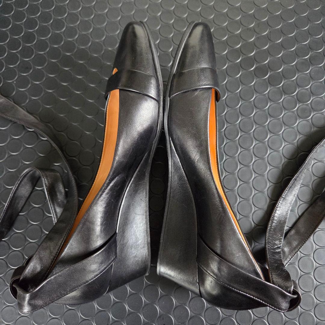HERMES　レザーパンプス　リボン アンクルストラップ　ウエッジソール　23㎝