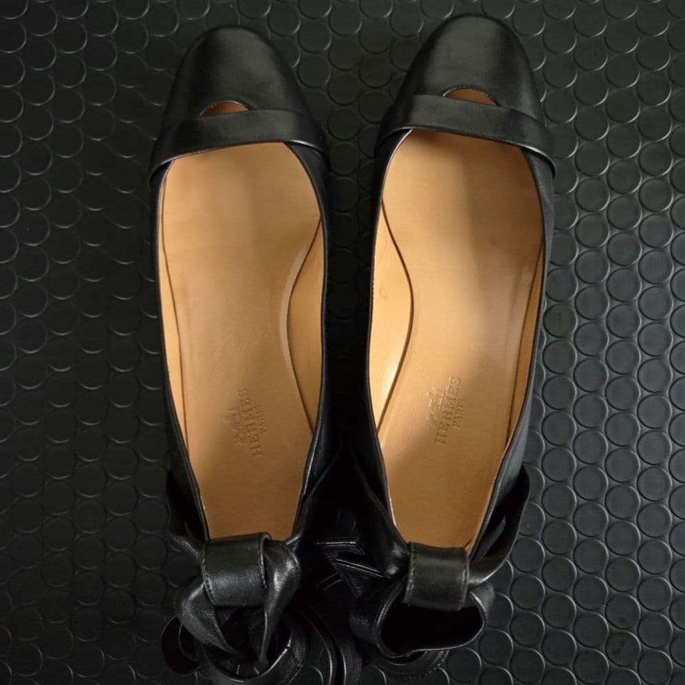 HERMES　レザーパンプス　リボン アンクルストラップ　ウエッジソール　23㎝