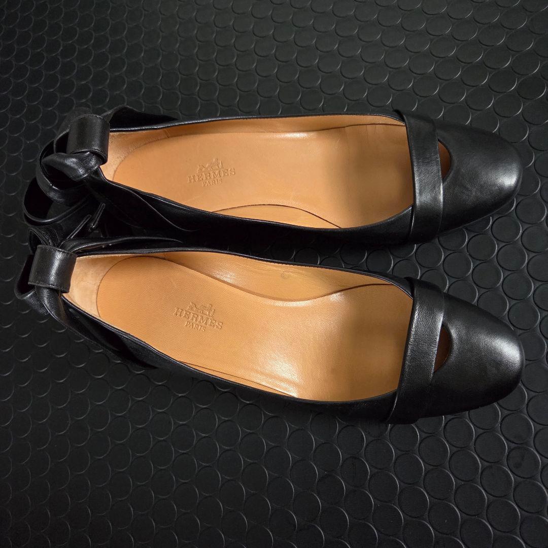 HERMES　レザーパンプス　リボン アンクルストラップ　ウエッジソール　23㎝