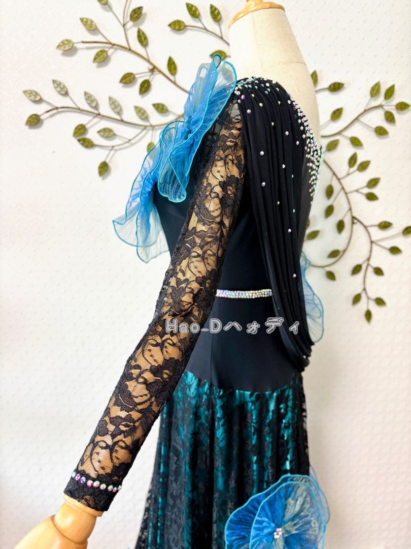 新品★ダンスドレス★スタンダード★社交ダンス★競技会★パーティー★黒&ターコイズ