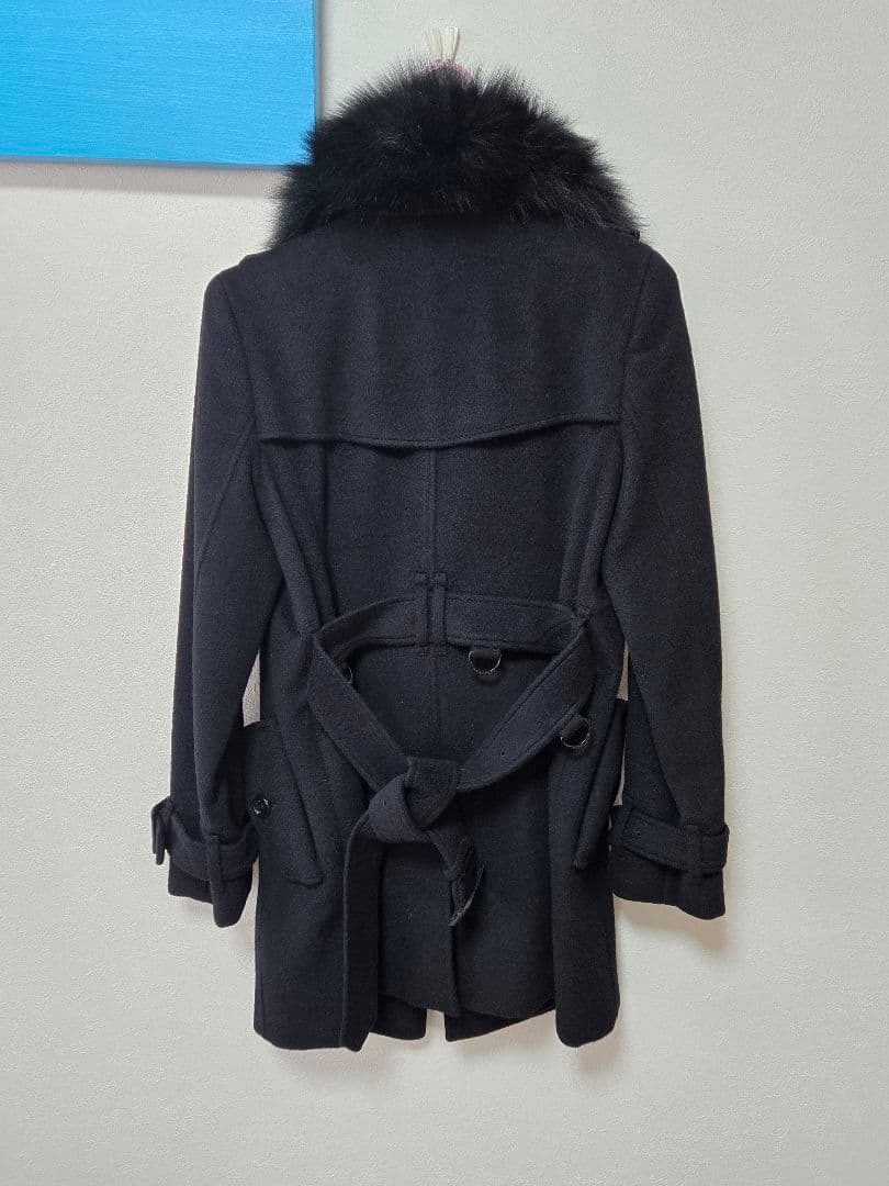 ファー付き黒ウールダブルブレストコート