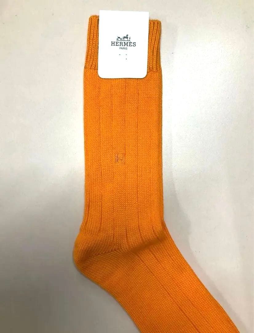未使用品 HERMES オレンジ リブ編みソックス