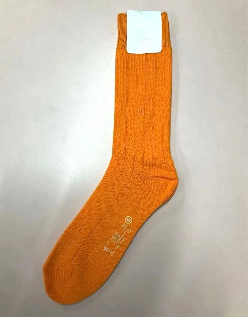 未使用品 HERMES オレンジ リブ編みソックス