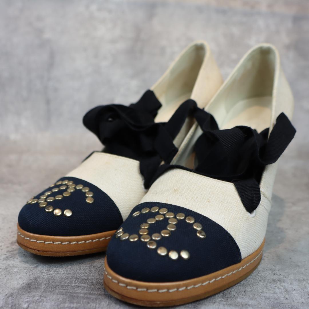 CHANEL シャネル ウェッジソール パンプス ココマーク スタッズ 箱付き