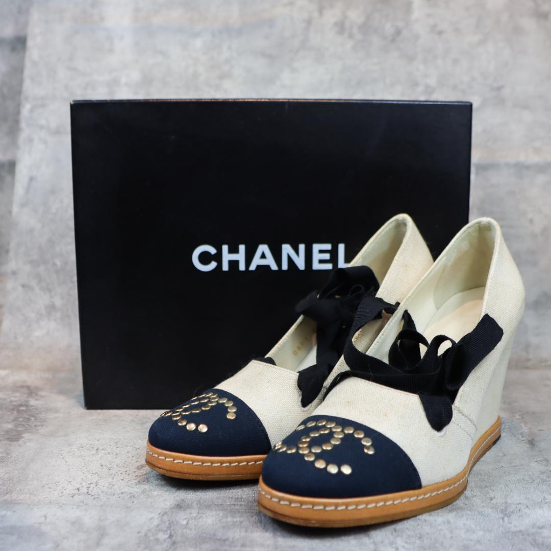 CHANEL シャネル ウェッジソール パンプス ココマーク スタッズ 箱付き