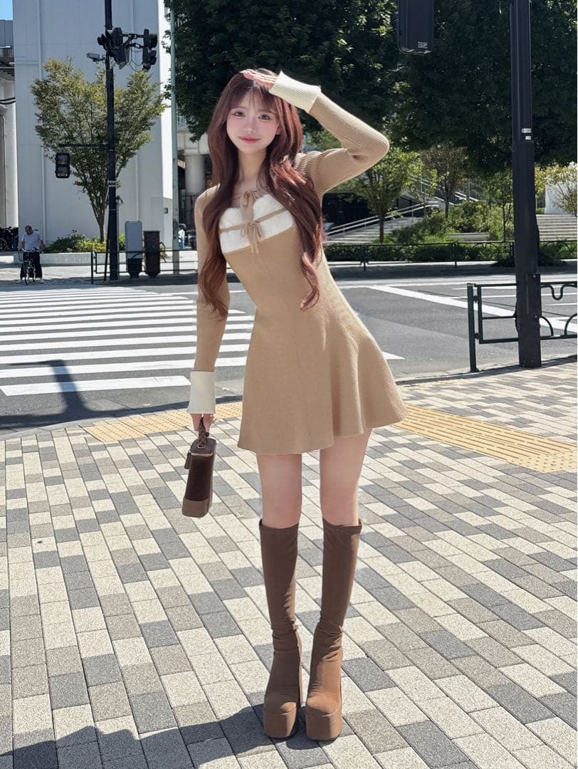 ダーリッチ リボンファーフレアニットミニワンピース