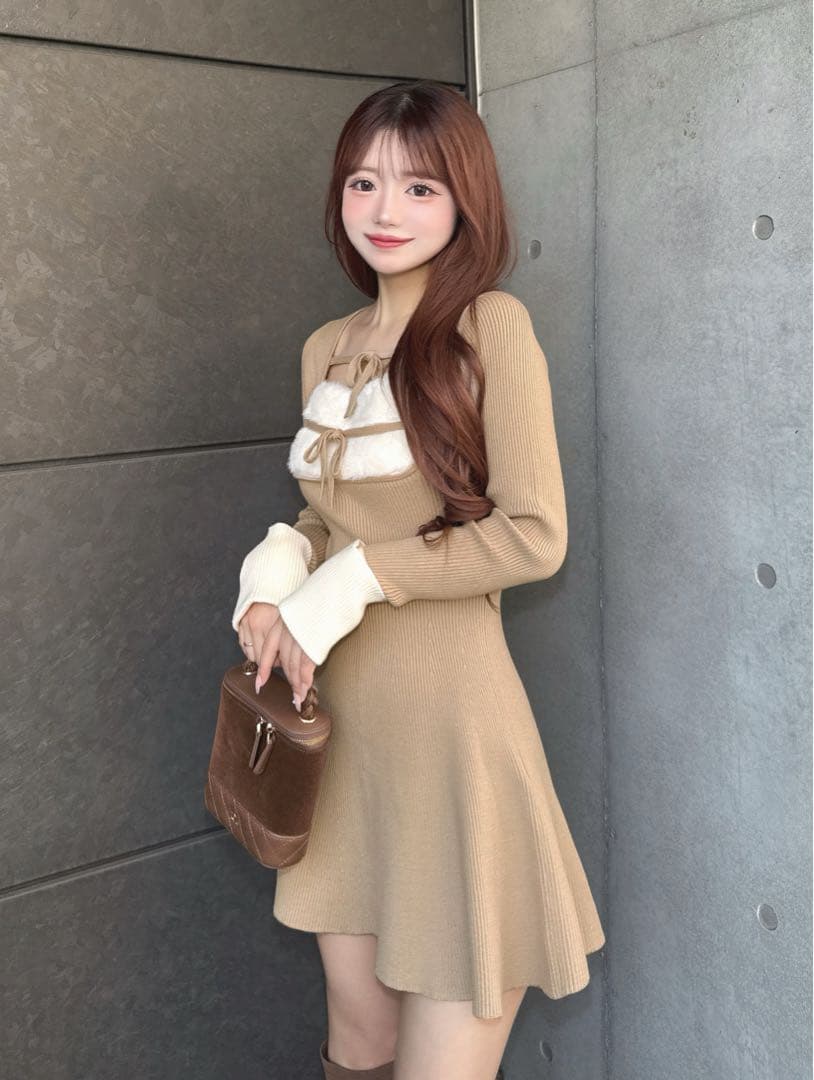 ダーリッチ リボンファーフレアニットミニワンピース