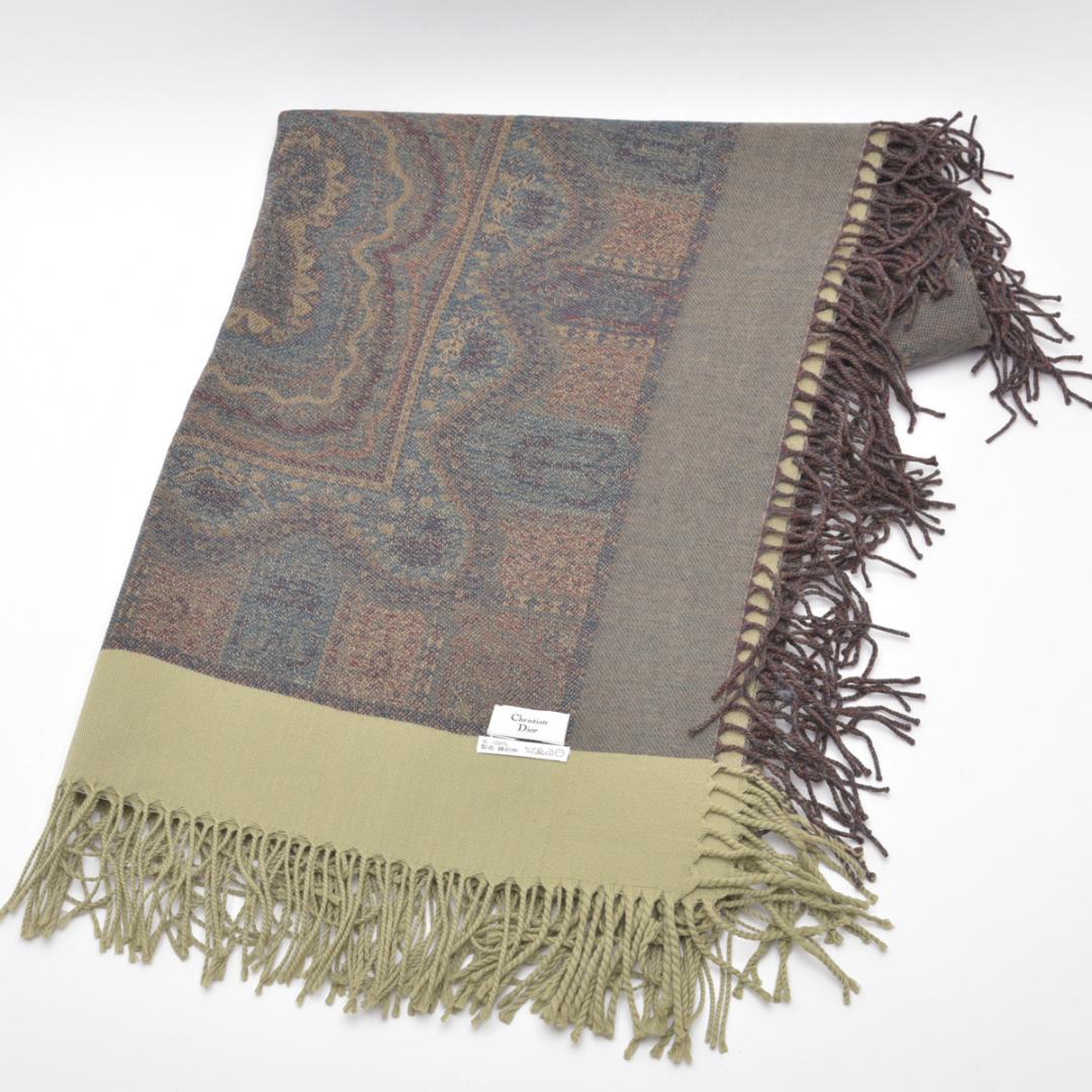 未使◇ディオール ペイズリー柄 大判ストール 130×128 カーキ系 箱付き