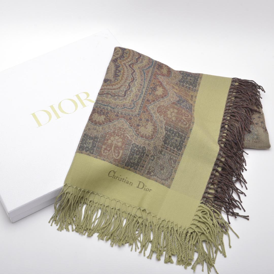 未使◇ディオール ペイズリー柄 大判ストール 130×128 カーキ系 箱付き