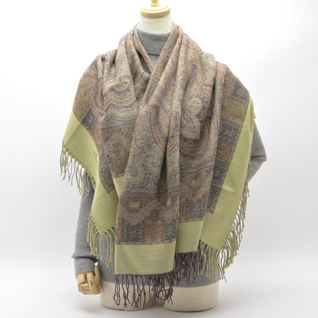 未使◇ディオール ペイズリー柄 大判ストール 130×128 カーキ系 箱付き