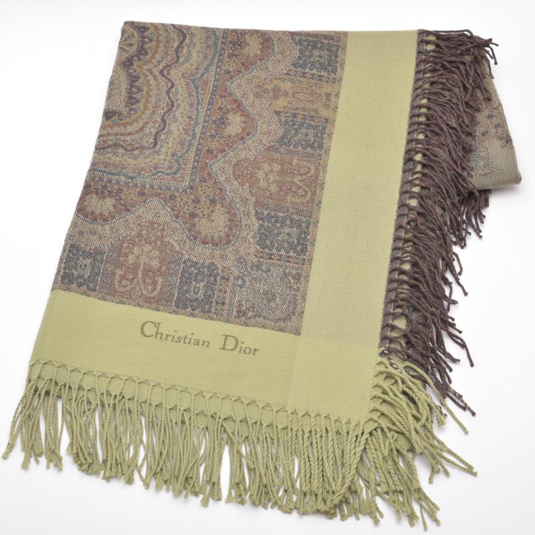 未使◇ディオール ペイズリー柄 大判ストール 130×128 カーキ系 箱付き