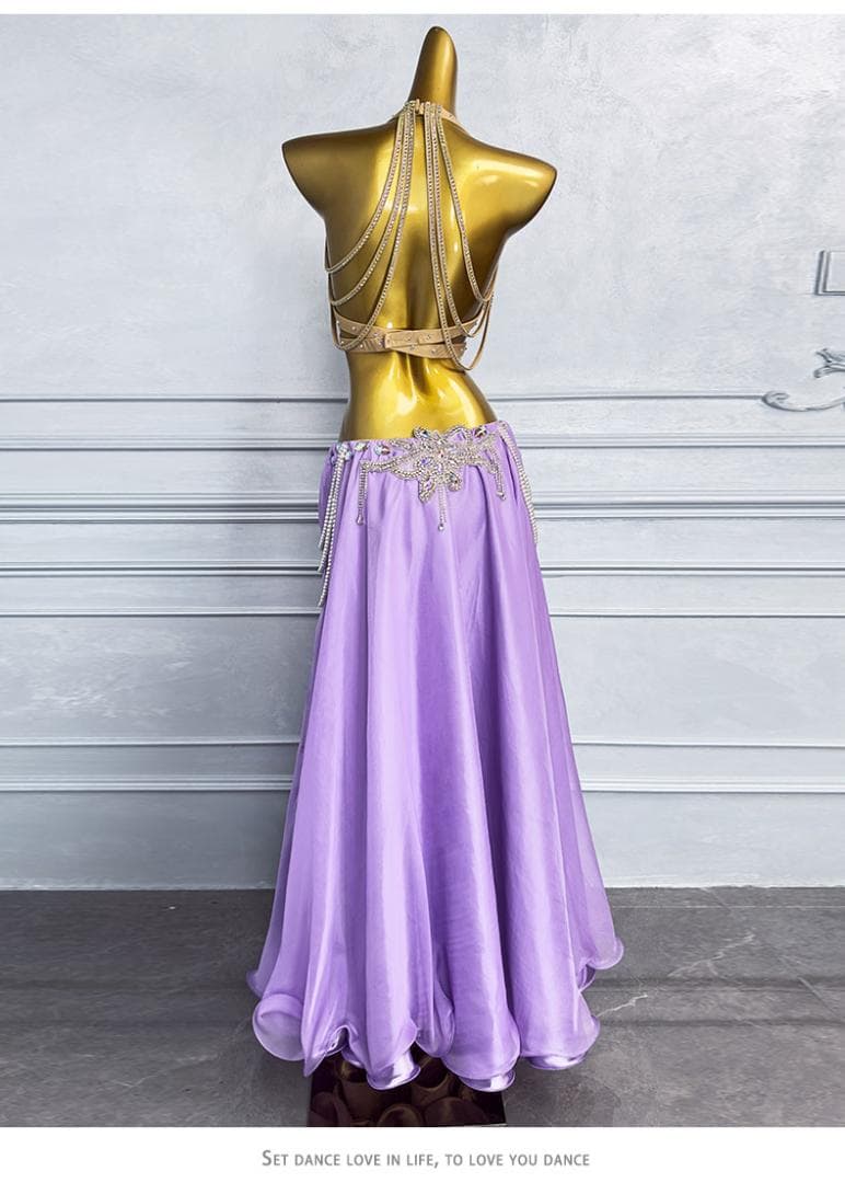 新品未使用 ベリーダンス衣装 高級舞台用 紫ロングスカートセット