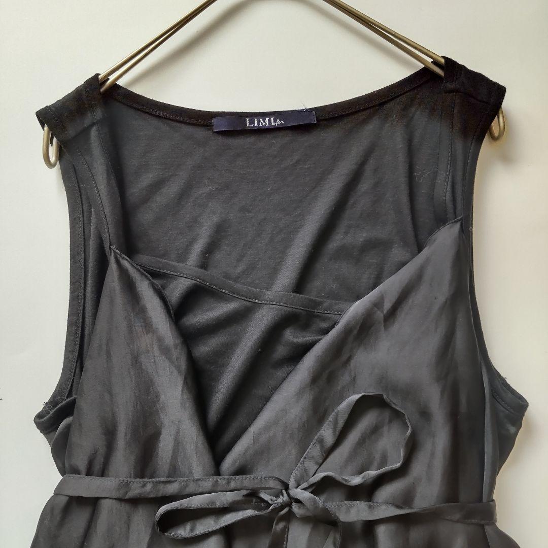 美品 リミフゥ 変形 ノースリーブ カットソー チュニック ベルト付 サテン調