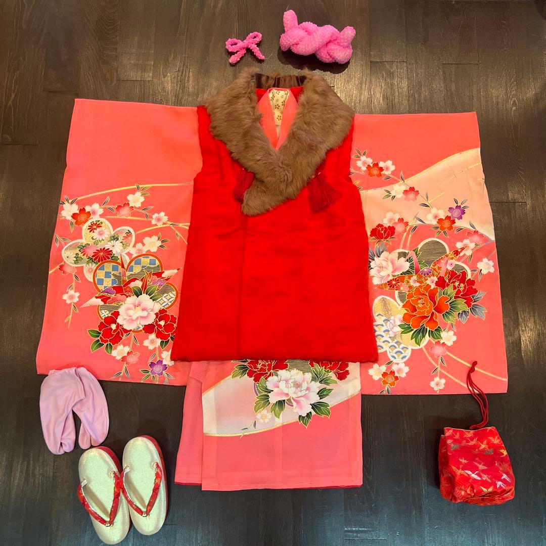 アンティーク 七五三 三歳〜五歳 着物 被布 フルセット しだれ桜 折鶴 付け襟