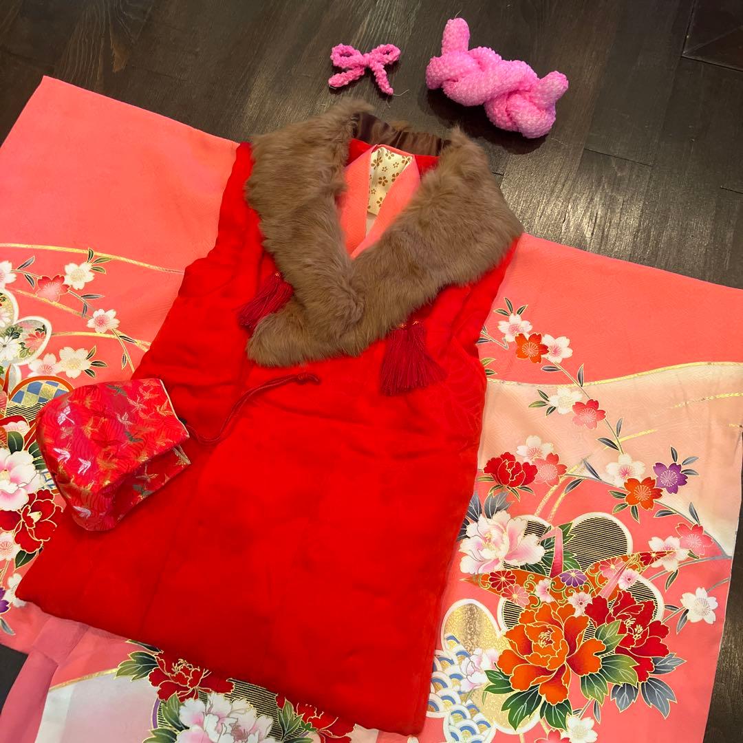 アンティーク 七五三 三歳〜五歳 着物 被布 フルセット しだれ桜 折鶴 付け襟