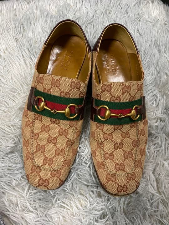 GUCCIコーティングキャンバス&レザーローファー　モノグラムプリント