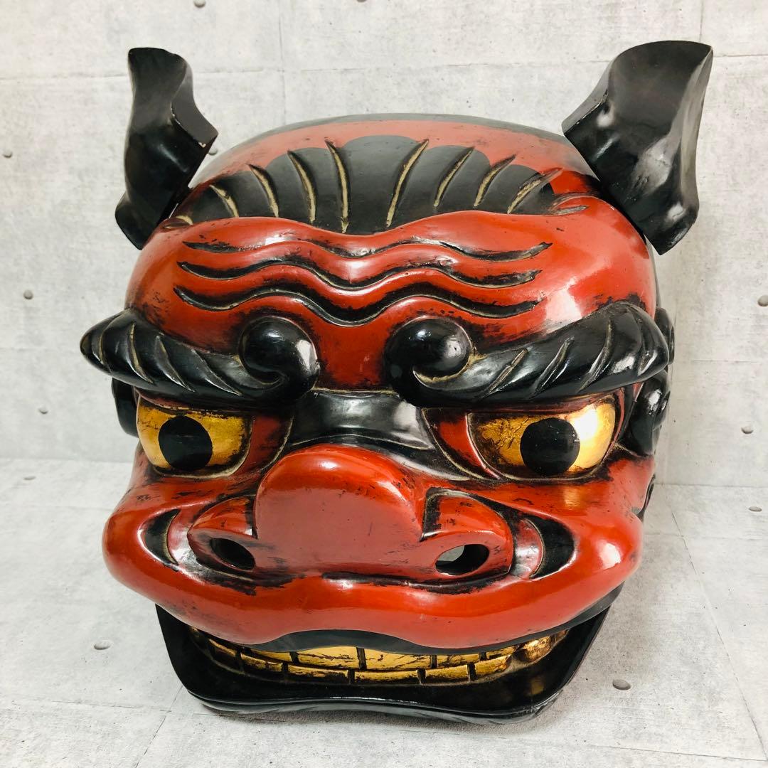 獅子頭 獅子舞 伝統工芸品 朱塗り 漆塗り 手彫り 縁起物 魔除け 中