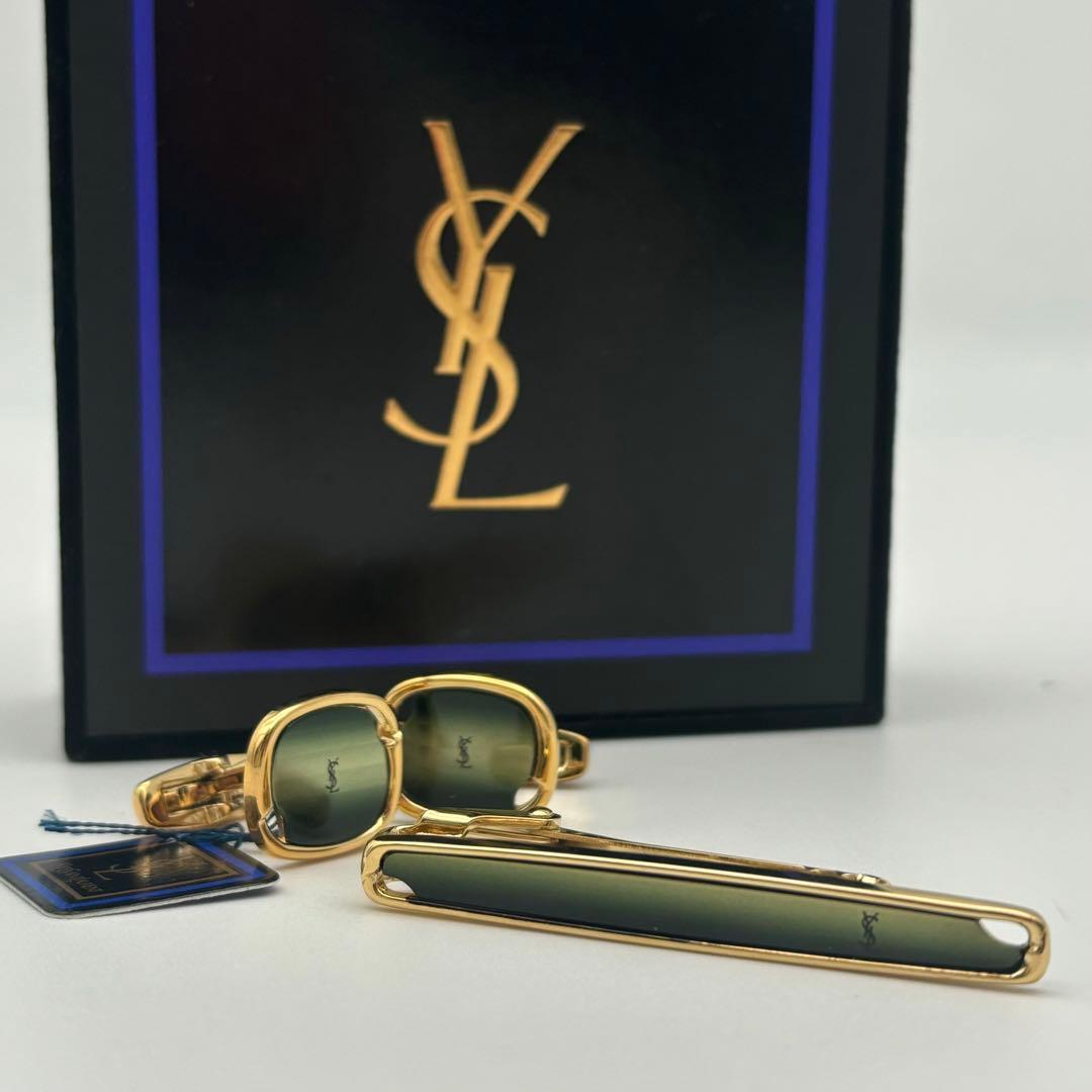 【希少 未使用】 イヴサンローラン シェル カフリンクス ネクタイピン グリーン