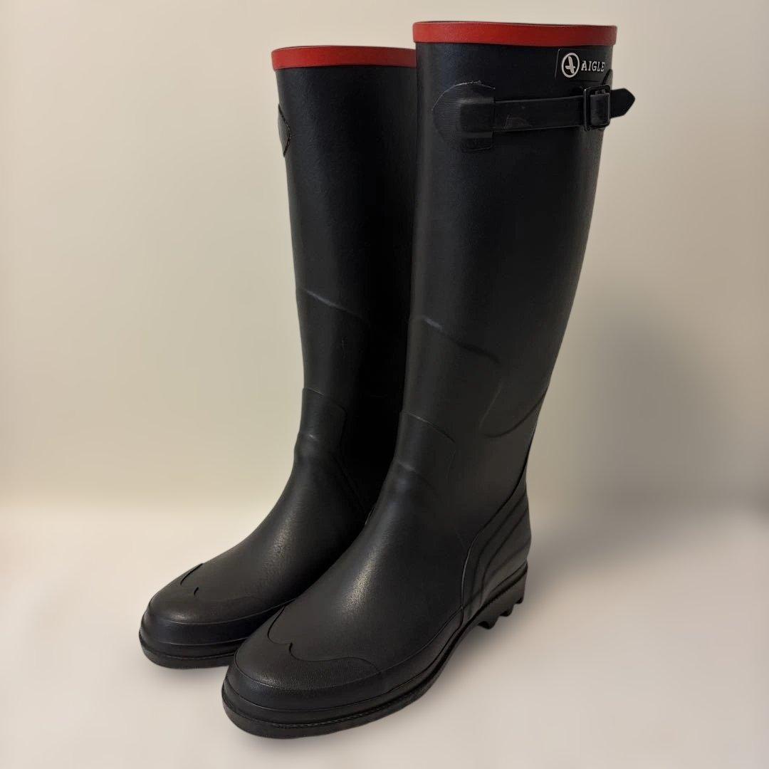 AIGLE 黒ロングブーツ 赤トップバンド 25.5~26.0
