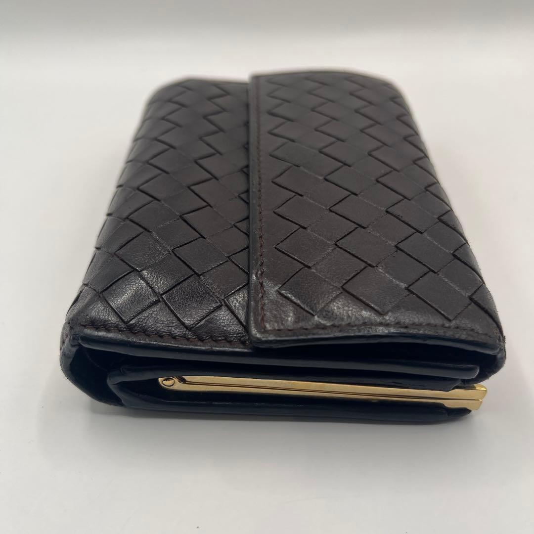 【鑑定済正規品】 ボッテガヴェネタ イントレチャート がま口 三折財布　ブラウン