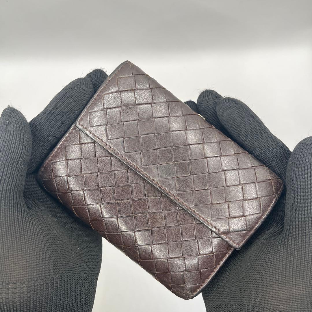 【鑑定済正規品】 ボッテガヴェネタ イントレチャート がま口 三折財布　ブラウン