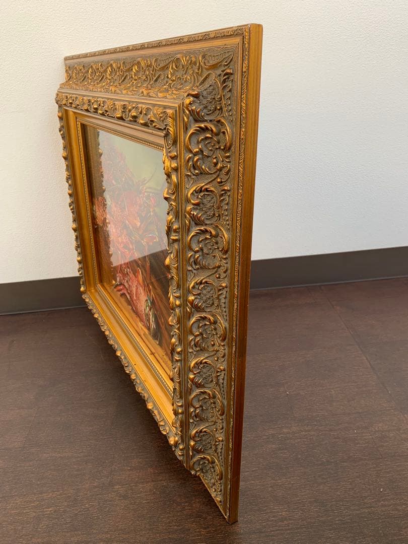 【真作】城本敏由樹 大型 豪華額装『伊勢海老』油彩 8号 額寸75×65㎝ 絵画