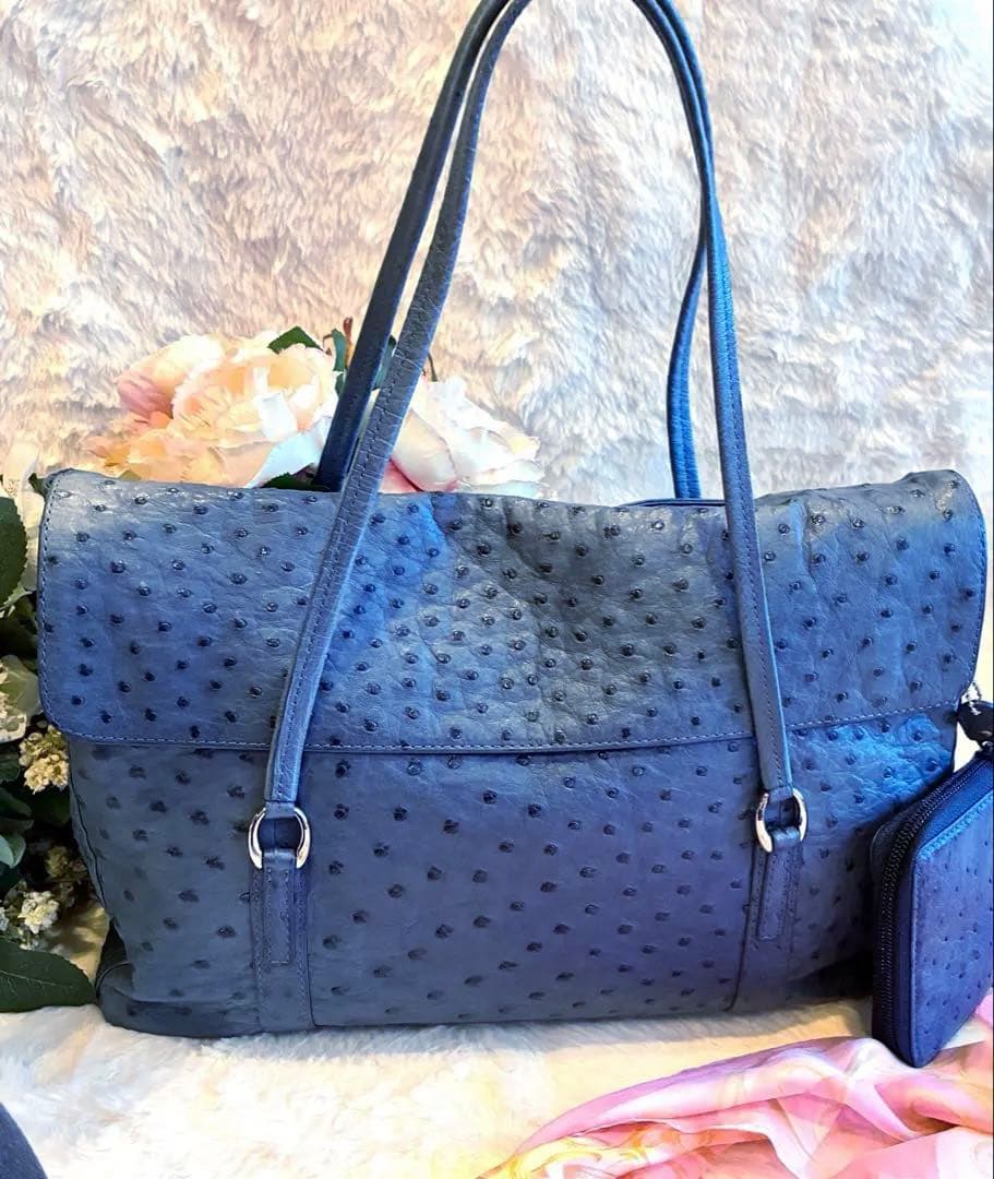 ✴︎タケチ✴︎本物オーストリッチショルダーバッグ✴︎小物入れ付き✴︎ブルー