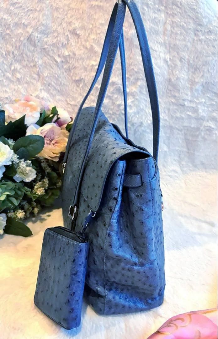 ✴︎タケチ✴︎本物オーストリッチショルダーバッグ✴︎小物入れ付き✴︎ブルー