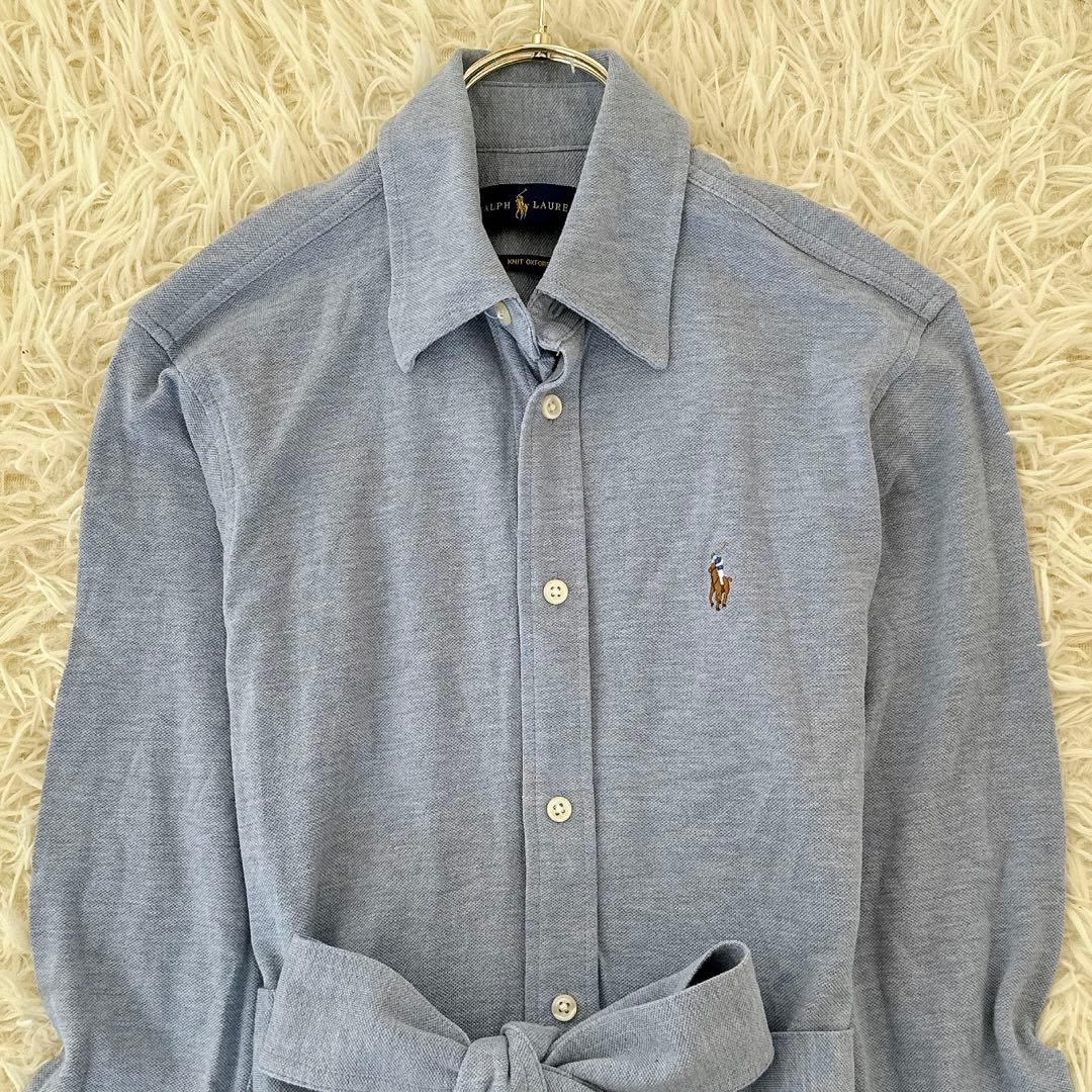 美品✨ラルフローレン シャツワンピース ロング 鹿の子 ベルト ポニー 水色 M