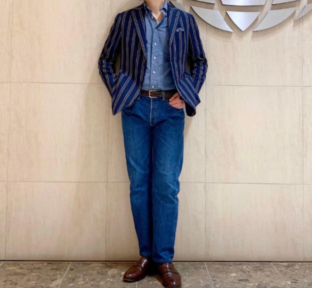 春夏 極美品 beamsf 46 ジャケット ストライプ ネイビー ビームスエフ