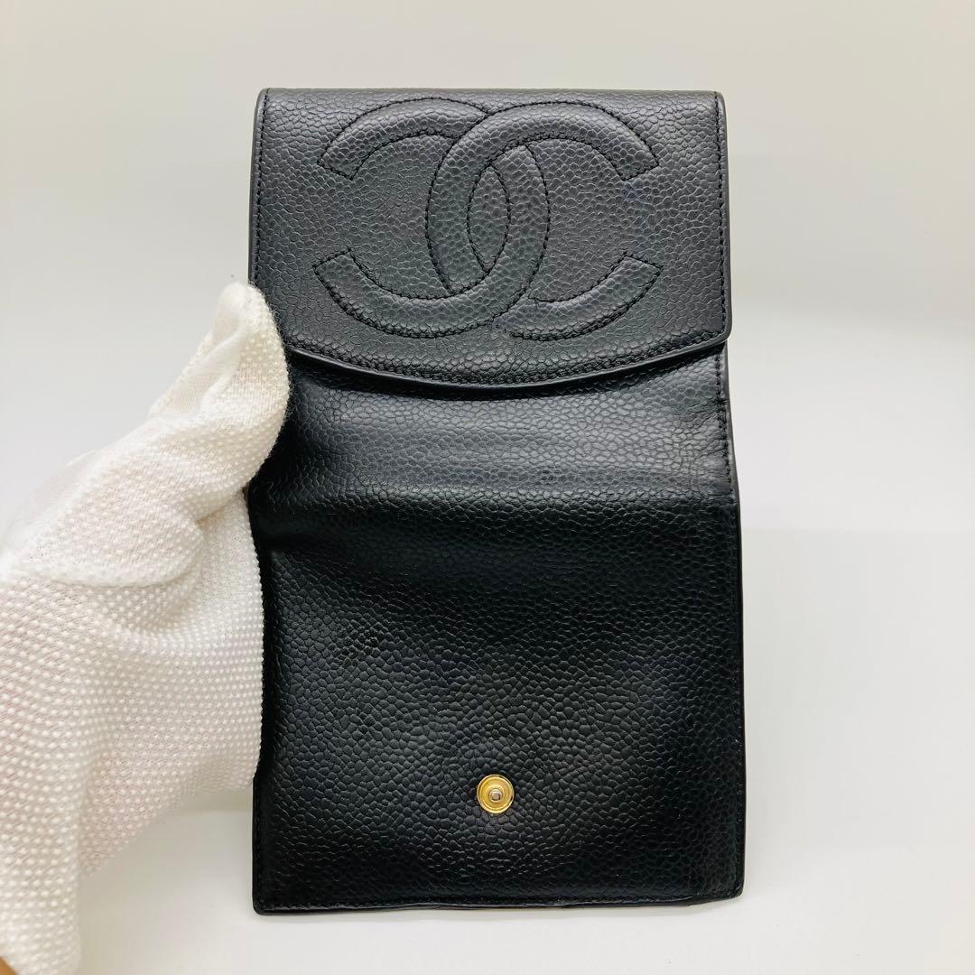 CHANEL シャネル 二つ折り財布 黒 レザー キャビアスキン A466