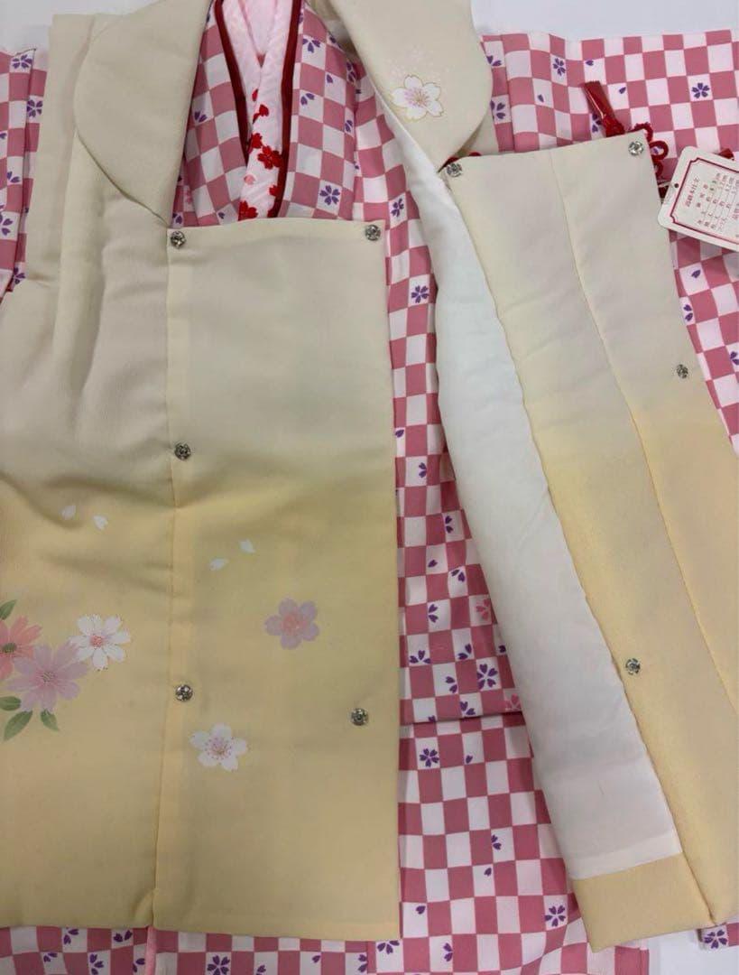 七五三　3歳女の子　着物セット　ピンク市松　紫桜　オフ白　乱菊　クリーム色　新品