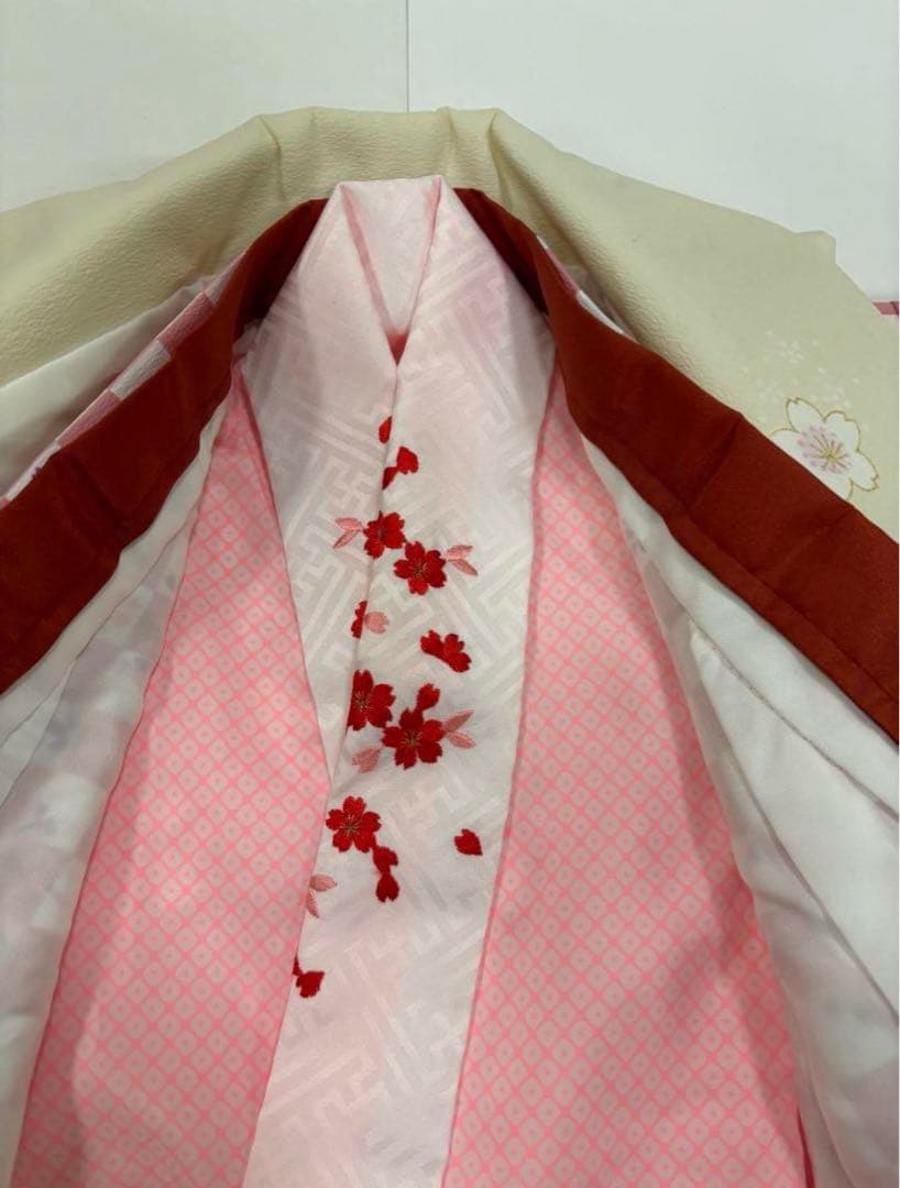七五三　3歳女の子　着物セット　ピンク市松　紫桜　オフ白　乱菊　クリーム色　新品