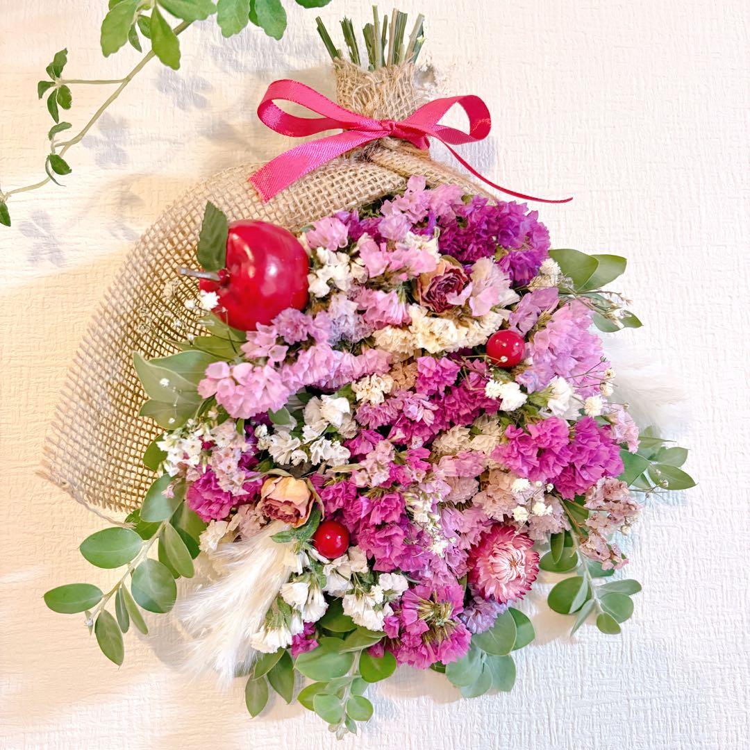 ドライフラワー スワッグ ガーランド ピンク 林檎 バラ