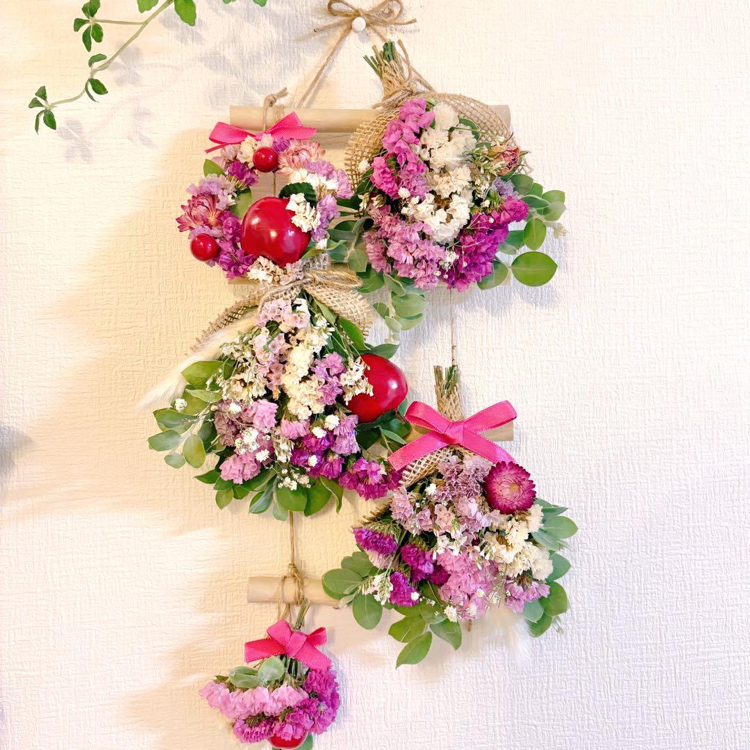 ドライフラワー スワッグ ガーランド ピンク 林檎 バラ