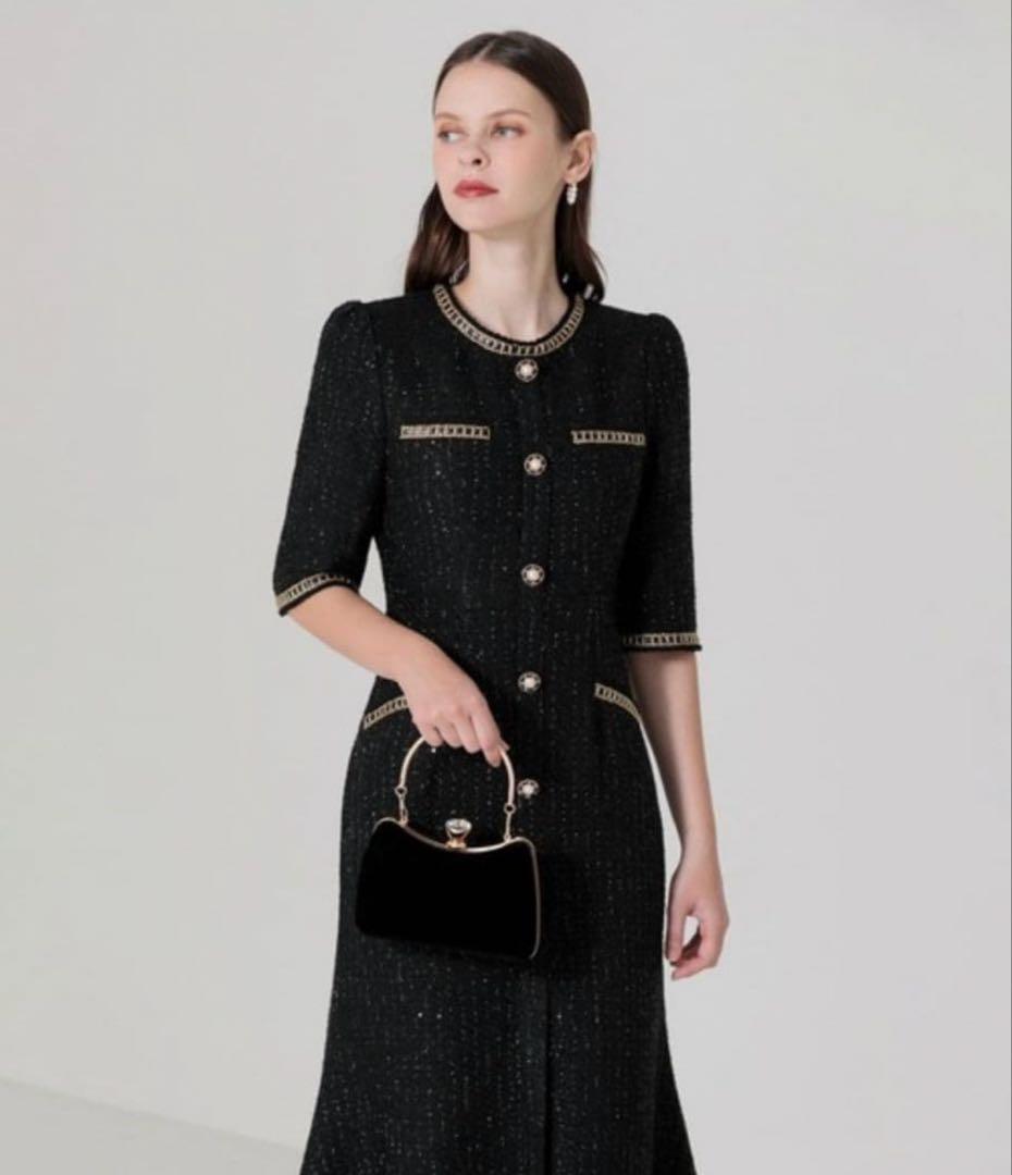 今週まで！Leja ラメ混ツイードレザーパイピングマーメイドロング丈ドレス