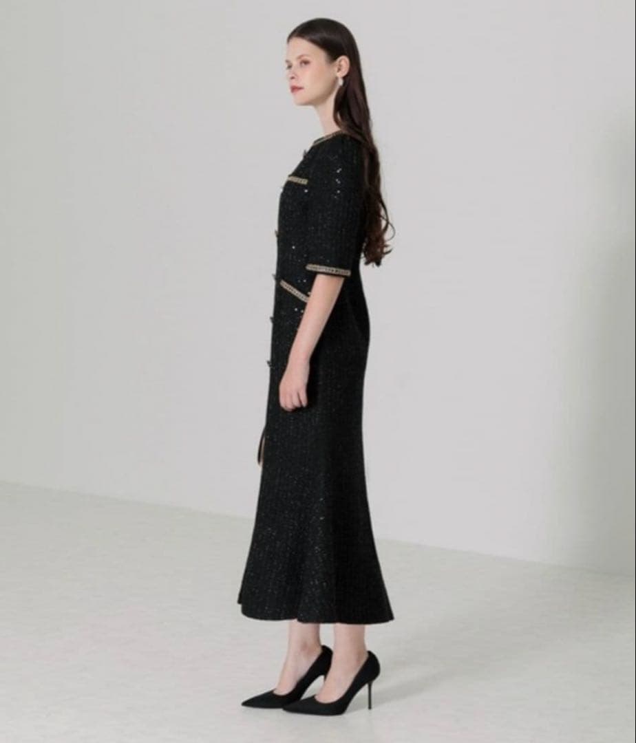 今週まで！Leja ラメ混ツイードレザーパイピングマーメイドロング丈ドレス