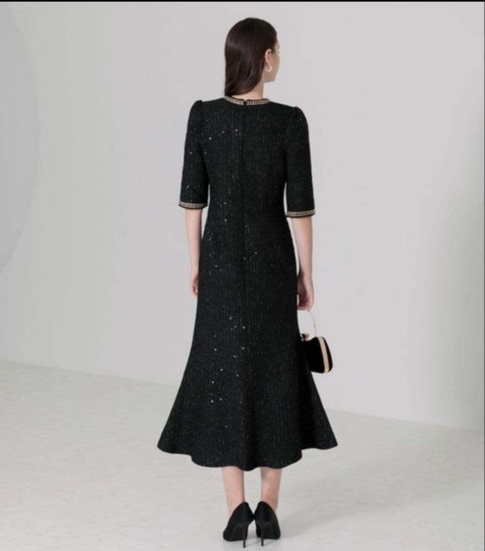 今週まで！Leja ラメ混ツイードレザーパイピングマーメイドロング丈ドレス